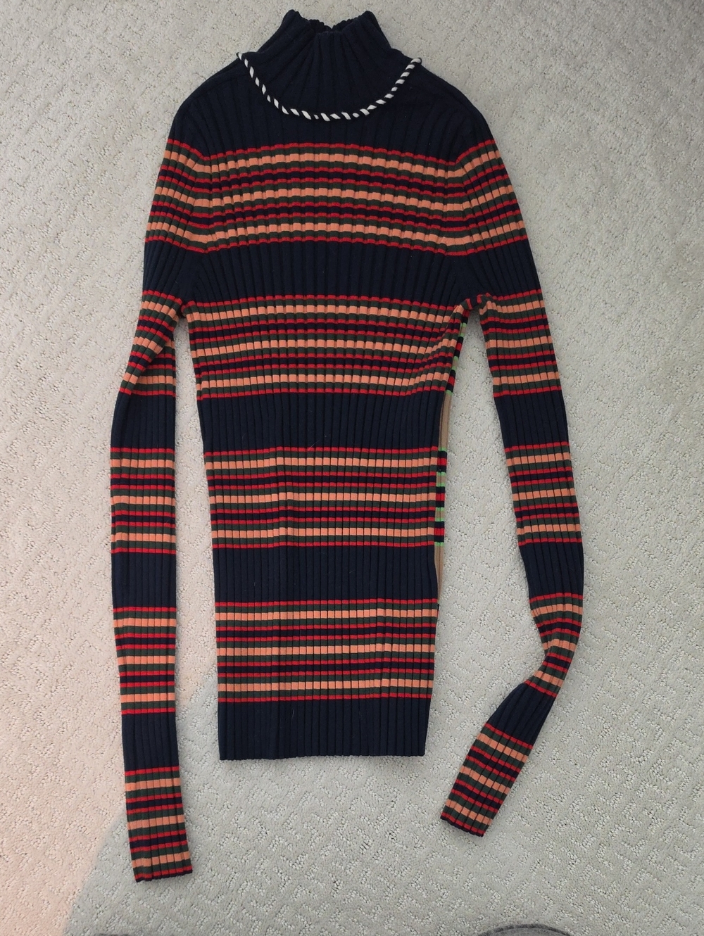 Tory Burch Striped Navy and Red Ribbed Turtleneck Sweater